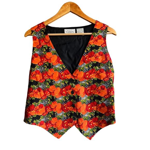 Vintage 90s Halloween Vest Basic Editions Medium Spiderwebs and Jack O Lantern - Picture 1 of 4